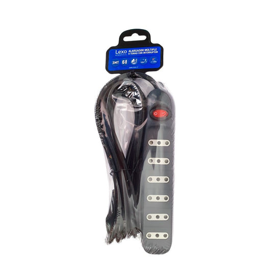 LEXO®ALARGADOR MULTIPLE NEGRO 6 TOMAS 3MTS C/INTERRUPTOR