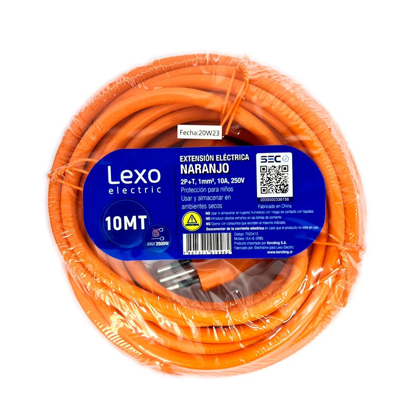 LEXO® Alargador Simple 10A 2P + 10mts Naranjo
