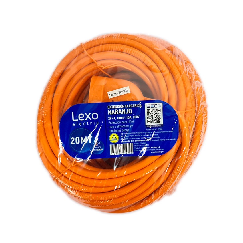 LEXO® Alargador Simple 10A 2P + 20mts Naranjo