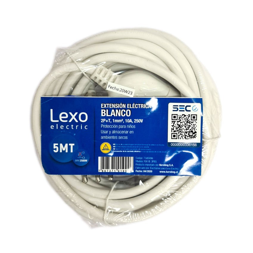 LEXO® Alargador Simple 10A 2P + T 5mts Blanco