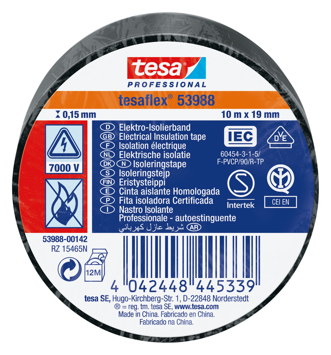 Tesa® Cinta Eléctrica Negro Profesional 19mm. x 10mts.