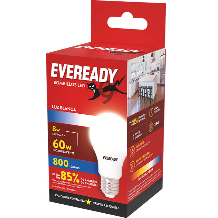 EVEREADY® AMPOLLETA LED 8WTS LUZ FRIA